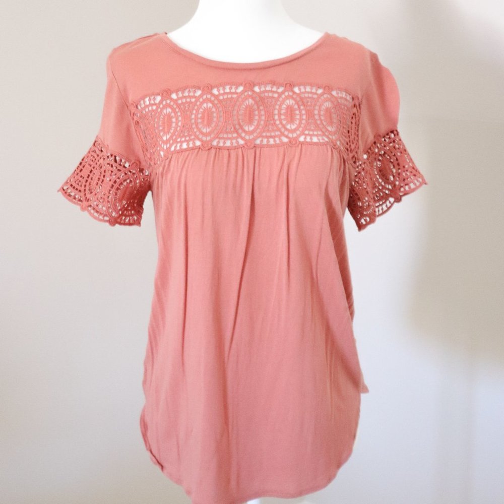 Loft Terracotta Pink Crochet Detail Top Tee XS